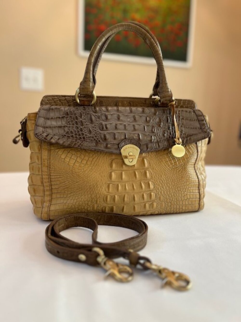 BRAHMIN | Brown and Tan Croc Embossed Leather Handbag Satchel Crossbody-EUC - Picture 2 of 16